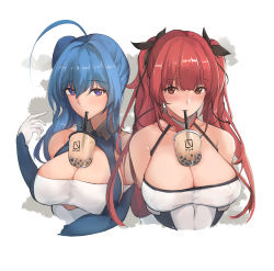Rule 34 | 2girls, absurdres, ahoge, azur lane, bare shoulders, black ribbon, blue hair, blush, breasts, bubble tea, bubble tea challenge, cleavage, closed mouth, collarbone, cropped torso, cup, disposable cup, dress, drinking straw, drinking straw in mouth, elbow gloves, gloves, hair between eyes, hair ribbon, hand up, highres, honolulu (azur lane), large breasts, long hair, looking at viewer, multiple girls, object on breast, parted lips, purple eyes, red eyes, red hair, ribbon, skindentation, smile, st. louis (azur lane), twintails, white gloves, yusha m