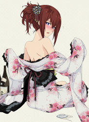 Rule 34 | 1girl, absurdres, alcohol, alternate hairstyle, back, bare back, bare shoulders, blue eyes, blush, bottle, brown hair, cherry blossoms, clothes down, drunk, embarrassed, floral print, flower, from behind, furisode, hair ornament, hair up, highres, japanese clothes, kanzashi, kimono, long hair, looking at viewer, looking back, makise kurisu, nape, no bra, obi, off shoulder, open mouth, petals, saipaco, sakazuki, sake, sake bottle, sash, solo, steins;gate, tabi, tears, undressing