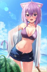 Rule 34 | 1girl, absurdres, ahoge, animal ears, beach, bikini, bikini top only, blue shorts, blue sky, breasts, cat ears, cat tail, cloud, collarbone, commentary, day, food, fruit, hair between eyes, hand on own hip, highres, hololive, looking at viewer, medium breasts, navel, nekomata okayu, ocean, open mouth, purple bikini, purple eyes, short hair, shorts, sky, smile, solo, swimsuit, tail, unbuttoned, open fly, virtual youtuber, watermelon, woogi (duguddnr)