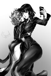Rule 34 | 2girls, absurdres, ass, black dress, breasts, cellphone, covered navel, curly hair, curvy, dress, fubuki (one-punch man), greyscale, highres, hip vent, hug, huge ass, large breasts, lips, long sleeves, monochrome, multiple girls, one-punch man, pelvic curtain, phone, siblings, sidelocks, signature, simple background, sisters, skin tight, smolart, tatsumaki, thighs, white background, wide hips