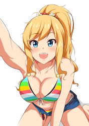 Rule 34 | 1girl, :d, belt, bikini, bikini under clothes, blonde hair, blue eyes, blush, breasts, cleavage, front-tie bikini top, front-tie top, hair ornament, highres, idolmaster, idolmaster cinderella girls, idolmaster cinderella girls starlight stage, kneeling, large breasts, leaning forward, long hair, looking at viewer, nemo 1988, ohtsuki yui, open belt, open mouth, outstretched arm, ponytail, short shorts, shorts, side-tie bikini bottom, smile, solo, striped bikini, striped clothes, swimsuit
