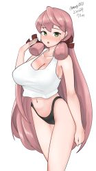 Rule 34 | 1girl, absurdres, akashi (kancolle), black panties, blunt tresses, breasts, cleavage, cowboy shot, green eyes, hair ribbon, highres, kantai collection, large breasts, long hair, maru (marg0613), navel, one-hour drawing challenge, panties, pink hair, ribbon, simple background, solo, standing, tank top, tress ribbon, underwear, white background, white tank top