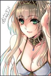 Rule 34 | 1girl, alicia (valkyrie profile 2), blonde hair, breasts, cleavage, closed mouth, collarbone, green eyes, hairband, jewelry, long hair, looking at viewer, medium breasts, smile, solo, sutehiko, swimsuit, valkyrie profile (series), valkyrie profile 2: silmeria