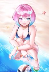 Rule 34 | 1girl, absurdres, bikini, blue eyes, blue hair, bracelet, breasts, candy hair ornament, chya (p chihaya), cleavage, collarbone, crescent, crescent necklace, food-themed hair ornament, gradient hair, hair ornament, heterochromia, highres, himemori luna, himemori luna (sundress), hololive, jewelry, looking at viewer, medium breasts, multicolored hair, necklace, open mouth, pink eyes, pink hair, sandals, short hair, smile, solo, squatting, starfish, starry sky print, swimsuit, toes, virtual youtuber