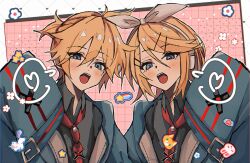 Rule 34 | 1boy, 1girl, belt buckle, black shirt, blue eyes, blue jacket, blush, bow, brother and sister, buckle, collared shirt, grid background, hair between eyes, hair bow, hand up, heart, highres, hpen0909, jacket, kagamine len, kagamine rin, long sleeves, looking at viewer, medium hair, necktie, open clothes, open jacket, open mouth, outline, pink background, ponytail, rainbow sticker, red necktie, shirt, short hair, short ponytail, siblings, sleeves past fingers, sleeves past wrists, star sticker, teeth, upper body, upper teeth only, vocaloid, white bow, white headphones, white outline