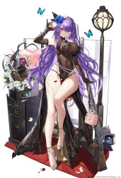 Rule 34 | 1girl, arm up, armpits, bag, bare legs, bare shoulders, black gloves, bouquet, breasts, brown dress, bug, butterfly, covered navel, cup, dinergate (girls&#039; frontline), drawer, dress, drinking glass, earrings, elbow gloves, flower, girls&#039; frontline, gloves, grin, gun, hair flower, hair ornament, hairband, handbag, high heels, highres, holding, insect, jewelry, lamppost, large breasts, light machine gun, lipstick, long hair, looking at viewer, makeup, panties, panty straps, pelvic curtain, pouring, pouring onto self, purple hair, red eyes, rose, shoes, skindentation, sleeveless, sleeveless dress, smile, solo, string panties, taut clothes, taut dress, thighs, underwear, unworn bag, very long hair, weapon, white flower, whoisshe, wine glass, zb-26 (girls&#039; frontline), zb-26 (swaying black rose) (girls&#039; frontline), zb 26