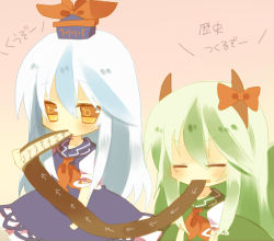 Rule 34 | 2girls, arrow (symbol), ascot, bad id, bad pixiv id, biting, blue hair, bow, closed eyes, dress, dual persona, ex-keine, female focus, gradient background, green hair, hat, horn bow, horn ornament, horn ribbon, horns, kamishirasawa keine, long hair, mouth hold, multiple girls, nochita shin, object in mouth, ribbon, scroll, simple background, touhou, translation request, yellow eyes