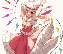 Rule 34 | 1girl, blonde hair, bow, deep (deep4946), dress, flandre scarlet, hair between eyes, hands up, hat, highres, medium hair, multicolored wings, red bow, red dress, red eyes, red ribbon, ribbon, short sleeves, simple background, solo, touhou, white background, white hat, wings, yellow neckwear