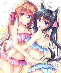 Rule 34 | 2girls, :d, animal ears, ass, bare arms, bare shoulders, bikini, black hair, blue bikini, blue eyes, blush, breasts, brown hair, cameltoe, cleavage, closed mouth, collarbone, commentary request, dog ears, dog girl, dog tail, fang, fingernails, frilled bikini, frills, hair between eyes, hair ribbon, head tilt, long hair, looking at viewer, looking to the side, medium breasts, multiple girls, navel, open mouth, original, pink bikini, pink ribbon, polka dot, polka dot ribbon, purple eyes, ribbon, smile, suzukawa yui, swimsuit, tail, twintails, very long hair