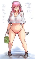 Rule 34 | 1girl, bare legs, bespectacled, bikini, blush, breasts, bucket, cleavage, curvy, glasses, hip focus, large breasts, navel, nitroplus, pink hair, red eyes, see-through, shirt, shoes, smile, solo, super sonico, swimsuit, thick thighs, thighs, translated, tsuda nanafushi, wet, wet clothes, wet shirt, wide hips