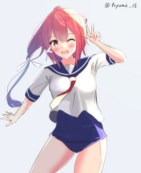 Rule 34 | 1girl, blue one-piece swimsuit, blue sailor collar, grey background, hair ribbon, i-168 (kancolle), kantai collection, long hair, looking at viewer, one-piece swimsuit, one eye closed, ponytail, red hair, ribbon, sailor collar, sailor shirt, school swimsuit, school uniform, serafuku, shirt, simple background, solo, swimsuit, swimsuit under clothes, toyomi 13, twitter username, v