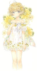 Rule 34 | 1girl, arm at side, bare shoulders, breasts, dress, fairy, fairy wings, flower, grey eyes, hair flower, hair ornament, hand up, looking at viewer, original, pointy ears, simple background, small breasts, solo, standing, takanashi tsubasa, transparent wings, white dress, wings, yellow flower