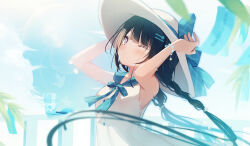 Rule 34 | 1girl, armpits, bare arms, bare shoulders, black hair, blue sailor collar, blurry, blurry foreground, braid, breasts, closed mouth, commentary request, depth of field, dress, hat, highres, humuyun, long hair, low twintails, one eye closed, original, purple eyes, qixi festival, sailor collar, sailor dress, sleeveless, sleeveless dress, small breasts, solo, tanabata, twin braids, twintails, very long hair, white dress, white hat