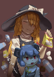 Rule 34 | 2girls, absurdres, animal ears, bag, black headwear, black vest, blonde hair, blouse, bow, braid, capelet, closed eyes, closed mouth, commentary request, cookie (touhou), egg, flour, grey hair, grey vest, hair between eyes, hakonnbo, hat, highres, holding, holding bag, kirisame marisa, long hair, milk carton, mouse ears, multiple girls, nazrin, nyon (cookie), open mouth, puffy short sleeves, puffy sleeves, red bow, red eyes, shaded face, shirt, short hair, short sleeves, side braid, single braid, smile, star (symbol), suzu (cookie), sweatdrop, touhou, turtleneck, upper body, vest, white bow, white capelet, white shirt, witch hat