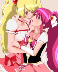 Rule 34 | 00s, 10s, aino megumi, blonde hair, cure lovely, cure peach, dress, fresh precure!, happinesscharge precure!, magical girl, momozono love, pink dress, pink eyes, pink hair, ponytail, precure, yuri