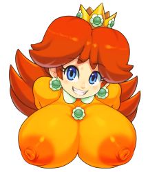 Rule 34 | 1girl, arms behind back, blue eyes, blush, breasts, covered erect nipples, crown, daisy, dress, earrings, flower, grin, huge breasts, jewelry, large areolae, leaning forward, long hair, looking at viewer, mario (series), mato spectoru, medium hair, mini crown, naughty face, nintendo, no bra, orange hair, princess daisy, puffy sleeves, redrawn, see-through, simple background, skin tight, smile, solo, teeth, upper body, white background, yellow dress