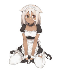 Rule 34 | 1girl, 2l (2lsize), apron, black gloves, breasts, choker, closed mouth, dark skin, dark-skinned female, frills, full body, gloves, hair between eyes, hair flaps, highres, looking at viewer, maid, maid headdress, mary janes, original, red eyes, shoes, short sleeves, silver hair, simple background, sitting, small breasts, solo, tareme, waist apron, wariza, white background, white legwear