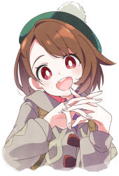 Rule 34 | 1girl, blush, bright pupils, brown hair, collared shirt, commentary, creatures (company), cropped torso, game freak, gloria (pokemon), green hat, grey hoodie, hat, hood, hoodie, ixy, long sleeves, looking at viewer, medium hair, nintendo, open mouth, own hands together, pokemon, pokemon swsh, red eyes, red shirt, round teeth, shirt, simple background, smile, solo, straight hair, swept bangs, tam o&#039; shanter, tareme, teeth, upper body, upper teeth only, white background, white pupils