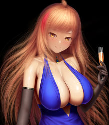 Rule 34 | 1girl, bare shoulders, black background, blonde hair, blush, breasts, champagne flute, cleavage, closed mouth, cup, dress, drinking glass, elbow gloves, gloves, highres, holding, holding cup, huge breasts, jewelry, long hair, looking at viewer, masatoki, original, simple background, smile, solo, yellow eyes