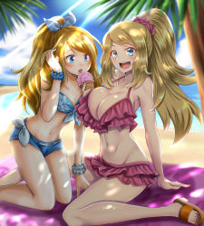 Rule 34 | 2girls, beach, bikini, blonde hair, blue bikini, blue eyes, blue sky, blush, breast envy, breasts, cleavage, creatures (company), day, dual persona, food, frilled bikini, frills, front-tie top, game freak, hair ribbon, highres, huge breasts, ice cream, ice cream cone, in-franchise crossover, kneeling, long hair, medium breasts, multiple girls, nail polish, navel, nintendo, ocean, open mouth, outdoors, palm tree, pokemon, pokemon (anime), pokemon xy, pokemon xy (anime), ponytail, popsicle, purple bikini, ribbon, sand, sandals, serena (pokemon), sitting, sky, smile, strap gap, swimsuit, takecha, tongue, tongue out, tree