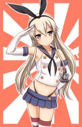 Rule 34 | 10s, 1girl, anchor, black panties, blonde hair, blush, elbow gloves, gloves, hairband, hand on own hip, highres, kantai collection, ki (kk-sk-ray), long hair, looking at viewer, navel, panties, sailor collar, salute, shimakaze (kancolle), skirt, solo, striped clothes, striped thighhighs, thighhighs, underwear, very long hair, white gloves