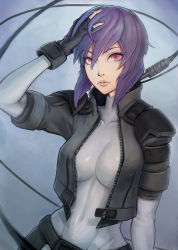 Rule 34 | 1girl, absurdres, bob cut, bodysuit, breasts, cable, cropped jacket, cyborg, fingerless gloves, ghost in the shell, ghost in the shell stand alone complex, gloves, hand in own hair, highres, kusanagi motoko, large breasts, lips, nose, purple hair, red eyes, short hair, shoulder pads, skin tight, solo, unsomnus