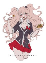 Rule 34 | 1girl, bear hair ornament, black shirt, blonde hair, blue eyes, bow, breasts, choker, cleavage, collarbone, criis-chan, danganronpa: trigger happy havoc, danganronpa (series), enoshima junko, hair ornament, looking at viewer, necktie, open mouth, pleated skirt, red bow, red nails, red skirt, shirt, simple background, skirt, solo, swept bangs, twintails, twitter username, upper body, white background