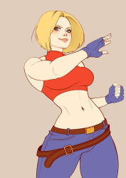 Rule 34 | 1girl, armpit peek, blonde hair, blue eyes, blue mary, breasts, curvy, denim, didilunestudio, fatal fury, fingerless gloves, garter belt, gloves, highres, jeans, large breasts, legs, looking at viewer, midriff, navel, open mouth, pants, pink lips, short hair, smile, snk, solo, the king of fighters, thighs