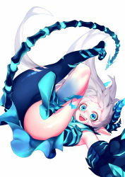 Rule 34 | + +, 1girl, 3eye, :d, ass, asymmetrical clothes, blue eyes, cameltoe, elsword, highres, horns, long hair, looking at viewer, luciela r. sourcream, open mouth, pointy ears, short eyebrows, single pantsleg, smile, solo, symbol-shaped pupils, tail, upside-down, white background, white hair