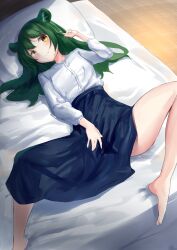 Rule 34 | 1girl, absurdres, akinakesu-chan, animal ear fluff, animal ears, barefoot, bed, blue skirt, blush, breasts, closed mouth, commentary, commission, english commentary, green hair, hand up, highres, indoors, long hair, long sleeves, lying, on back, on bed, original, pillow, pixiv commission, puffy long sleeves, puffy sleeves, romaji commentary, shirt, skirt, small breasts, smile, solo, spread legs, white shirt, yellow eyes