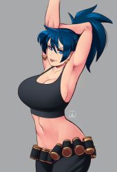 Rule 34 | 1girl, absurdres, armpits, arms behind head, arms up, artist name, belt, black tank top, blue eyes, blue hair, breasts, cleavage, earrings, fu shark, highres, jewelry, large breasts, leona heidern, long hair, looking at viewer, midriff, navel, ponytail, sideboob, signature, smile, solo, tank top, the king of fighters, the king of fighters xiii, triangle earrings