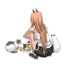Rule 34 | 1girl, 3others, bowl, brown hair, cat, chainsaw man, dolphin shorts, highres, horns, long hair, looking at another, meowy (chainsaw man), multiple others, pet bowl, power (chainsaw man), red horns, shiren (ourboy83), shorts, simple background, squatting, tank top, white background, white tank top