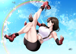 Rule 34 | 1girl, black skirt, blue sky, boots, breasts, cloud, earrings, elbow pads, final fantasy, final fantasy vii, final fantasy vii remake, fingerless gloves, gloves, highres, island lagoon, jewelry, large breasts, long hair, low-tied long hair, midriff, pencil skirt, rainbow, shirt, skirt, sky, solo, suspender skirt, suspenders, tank top, taut clothes, taut shirt, tifa lockhart, white tank top