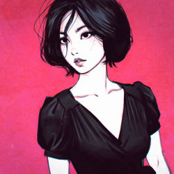 Rule 34 | 1girl, dress, eyeliner, gradient background, ilya kuvshinov, makeup, parted lips, real life, realistic, red background, short hair, solo, yun seon young