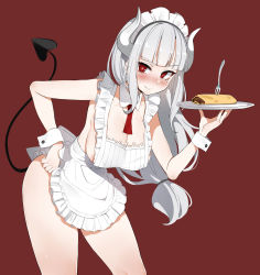 Rule 34 | 1girl, absurdres, apron, black tail, blush, breasts, commentary request, demon girl, demon horns, demon tail, detached collar, dickbomber, food, fork, frills, helltaker, highres, holding, holding tray, horns, korean commentary, large breasts, long hair, looking at viewer, lucifer (helltaker), maid apron, maid headdress, mole, mole under eye, naked apron, pancake, simple background, smile, tail, tray, white horns, wrist cuffs