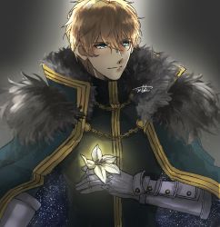 Rule 34 | 1boy, armor, bad id, bad pixiv id, black gloves, blonde hair, blue cape, blue eyes, cape, collared cape, fate/extra, fate/grand order, fate (series), flower, fur collar, gauntlets, gawain (fate), gloves, grey background, holding, holding flower, knight, knights of the round table (fate), long sleeves, looking to the side, male focus, mtk236, short hair, signature, simple background, solo, upper body