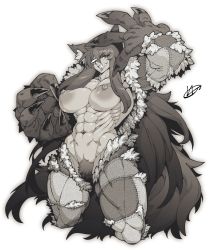 Rule 34 | 1girl, abs, animal ears, bajou takurou, breasts, claws, female focus, female pubic hair, highres, large breasts, looking at viewer, monochrome, monster girl, muscular, muscular female, navel, nipples, pubic hair, solo