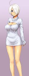 Rule 34 | 1girl, ahoge, angel (kof), blue eyes, breasts, cleavage, dress, hair over one eye, large breasts, legs, looking at viewer, meme attire, open-chest sweater, ribbed sweater, short hair, silver hair, solo, st.germain-sal, sweater, sweater dress, the king of fighters, thighs