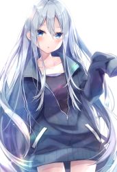 Rule 34 | 1girl, :o, black shirt, blue eyes, blue jacket, blush, collarbone, commentary request, hair between eyes, highres, jacket, long hair, long sleeves, looking at viewer, open clothes, open jacket, parted lips, project sekai, shirt, silver hair, simple background, sleeves past fingers, sleeves past wrists, solo, very long hair, white background, yashin, yoisaki kanade