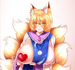 Rule 34 | 1girl, animal ear fluff, animal ears, areola slip, blonde hair, blush, breasts, breasts out, commentary, covered erect nipples, dress, fox ears, fox tail, heart, heart pasties, huge breasts, long sleeves, looking at viewer, motion lines, multiple tails, no headwear, no headwear, parted lips, pasties, short hair, smile, solo, spoken heart, tail, touhou, white dress, wide sleeves, wildcat (kusonemi), yakumo ran, yellow eyes