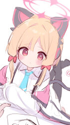 Rule 34 | 1girl, 1other, animal ear headphones, animal ears, blonde hair, blue archive, blue necktie, blush, bow, closed mouth, collared shirt, fake animal ears, hair bow, halo, headphones, highres, jacket, long sleeves, momoi (blue archive), necktie, open clothes, open jacket, pink halo, red bow, red eyes, ruten (onakasukusuku), shirt, short hair, simple background, solo focus, white background, white jacket, white shirt