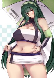 Rule 34 | 1girl, ass, bare shoulders, blush, breasts, cleavage, contrapposto, curvy, detached sleeves, gluteal fold, green hair, hairband, halterneck, hand on own hip, highres, huge breasts, large breasts, long hair, looking at viewer, miniskirt, navel, panties, race queen, skirt, smile, solo, standing, stomach, thigh gap, thighs, touhoku zunko, umbrella, underwear, very long hair, vocaloid, voiceroid, white panties, wide hips, wide sleeves, yellow eyes, yuzumiya mono