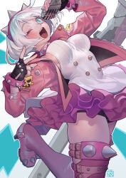 Rule 34 | 1girl, aqua eyes, boots, breasts, elphelt valentine, frilled skirt, frills, guilty gear, guilty gear strive, highres, holding, holding microphone, jacket, large breasts, microphone, one eye closed, open clothes, open jacket, open mouth, pink jacket, pink skirt, pink thighhighs, poch4n, short hair, skirt, solo, thigh boots, thighhighs, white hair