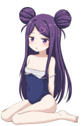 Rule 34 | 1girl, :o, arms behind back, bare arms, bare legs, bare shoulders, barefoot, blue one-piece swimsuit, blush, breasts, clothes pull, collarbone, competition school swimsuit, covered navel, double bun, hair bun, hair ornament, heart, heart hair ornament, highres, ochikobore fruit tart, one-piece swimsuit, one-piece swimsuit pull, parted lips, purple eyes, purple hair, school swimsuit, sekino roko, sitting, small breasts, solo, swept bangs, swimsuit, takasuma hiro, wariza, white background
