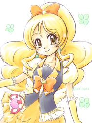 Rule 34 | 10s, 1girl, akihara ryou, blonde hair, blush, brooch, cure honey, earrings, eyelashes, hair ornament, hair ribbon, happinesscharge precure!, happy, heart, heart brooch, jewelry, looking at viewer, magical girl, oomori yuuko, precure, ribbon, shirt, simple background, skirt, smile, solo, white background, wide ponytail, wrist cuffs, yellow eyes, yellow skirt