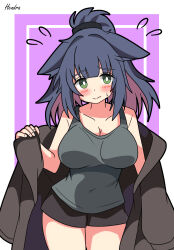 Rule 34 | 1girl, absurdres, alternate costume, animal ears, arknights, artist name, black shorts, blue hair, blush, border, breasts, bright pupils, brown coat, cleavage, coat, colored inner hair, commentary request, cowboy shot, embarrassed, flying sweatdrops, green eyes, grey shirt, hendra, high ponytail, highres, inset border, jessica (arknights), large breasts, looking at viewer, multicolored hair, pink hair, purple background, shirt, shorts, simple background, solo, tank top, undressing, white background, white pupils