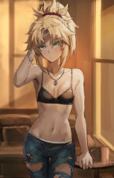 Rule 34 | 1girl, bad id, bad twitter id, bare shoulders, bead bracelet, beads, black bra, black panties, blue pants, bra, bracelet, braid, breasts, closed mouth, collarbone, denim, duplicate, fate/apocrypha, fate (series), french braid, green eyes, hair ornament, hair scrunchie, highres, jeans, jewelry, long hair, looking at viewer, mordred (fate), mordred (fate/apocrypha), navel, necklace, open fly, panties, pants, parted bangs, pendant, ponytail, red scrunchie, scrunchie, sidelocks, small breasts, solo, tonee, torn clothes, torn pants, underwear