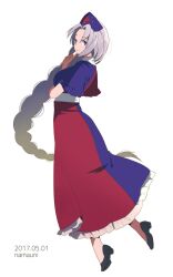 Rule 34 | 1girl, artist name, black footwear, blue dress, blue eyes, blue hat, braid, cross, dated, dress, full body, grey hair, hat, highres, long hair, multicolored clothes, multicolored dress, namauni, nurse cap, one-hour drawing challenge, red cross, red dress, shoes, short sleeves, simple background, single braid, solo, touhou, very long hair, white background, yagokoro eirin