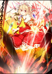 Rule 34 | 1girl, ascot, blonde hair, chain, female focus, flandre scarlet, frills, hat, highres, nmaaaaa, open hand, open mouth, puffy sleeves, red eyes, short hair, side ponytail, skirt, skirt set, solo, embodiment of scarlet devil, touhou, wings, wrist cuffs