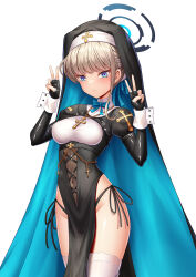 Rule 34 | 1girl, alternate costume, blonde hair, blue archive, blue bow, blue bowtie, blue eyes, blush, bow, bowtie, breasts, closed mouth, covered navel, cross, cross necklace, double v, expressionless, fingerless gloves, gloves, habit, halo, highres, jewelry, medium breasts, necklace, nun, panties, pelvic curtain, short hair, side-tie panties, simple background, solo, tako seijin, thighhighs, toki (blue archive), underwear, v, white background, white thighhighs, wrist cuffs